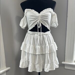 White Eyelet Off-Shoulder Skirt Set